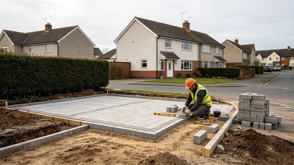 New block paving driveway installation, Goring-by-Sea